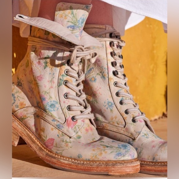 Free People Leather  Floral Lace-Up Boots - Cream and Blue - Picture 6 of 8